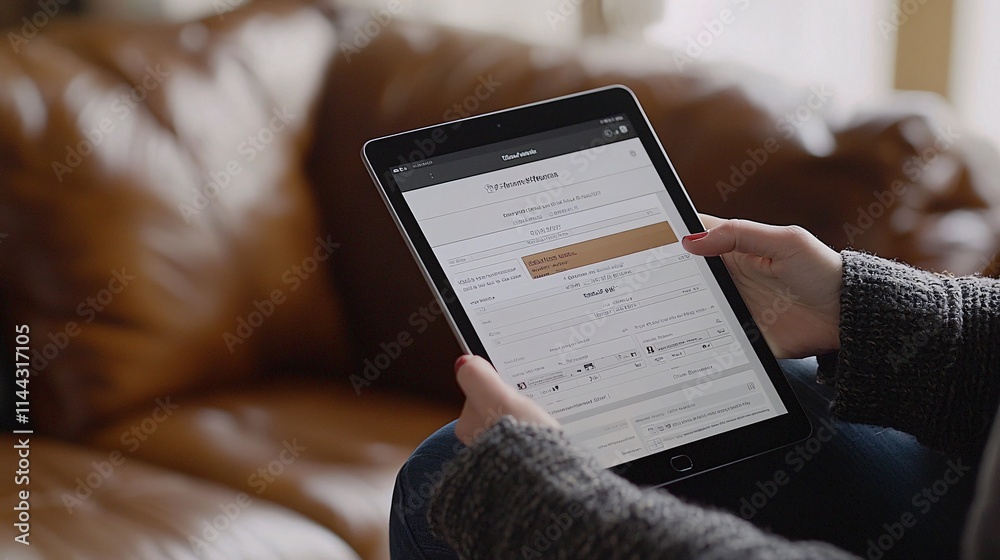 Poster parent entering irs refund data into a fafsa application on a tablet stock photo with side copy spac