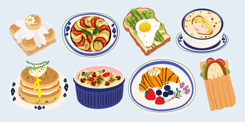 Traditional French dishes. Cute vector retro stickers of traditional French cuisine, ratatouille, julienne, pancake, croissant, onion soup and French pastries. Menu for kitchens and cafes