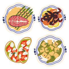 Traditional Italian cuisine. Cute vector retro stickers of traditional products and dishes, bolognese pasta, caprese, seafood risotto, ravioli, tomato and mozzarella toast. Italian food set
