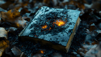Charred book smoldering amidst autumn leaves.