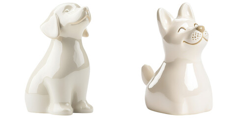 Two ceramic dog figurines, one resembling a Labrador and the other a corgi, both featuring a glossy finish and cheerful expressions.