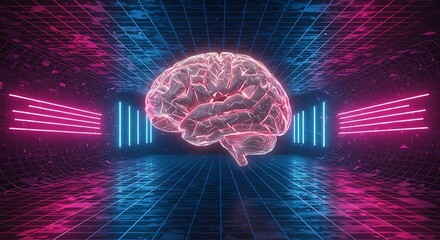 Abstract Glowing Digital Brain in Neon background. innovation cyberpunk skyline urban technology AI, data science neural networks machine learning vivid neon brain concept art illustration 