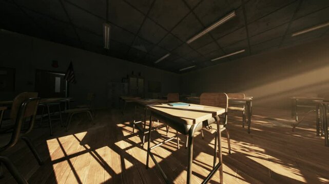 Dusty old classroom features rows of empty desks illuminated by soft sunlight. Shadows stretch across the wooden floor, evoking a sense of nostalgia and forgotten memories.