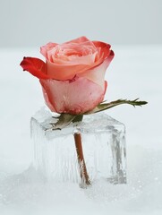 Beautiful Single Pink Rose in Clear Ice Block on Winter Snowy Background, Capturing the Essence of Christmas and Seasonal Elegance