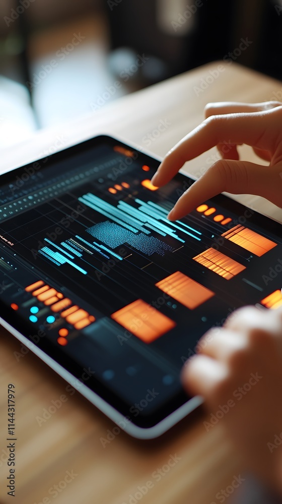 Poster close-up of hands using a tablet displaying data graphs and charts.