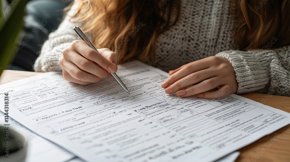 Poster Parent organizing tax documents in a folder for smooth FAFSA application processing Stock Photo with side copy space