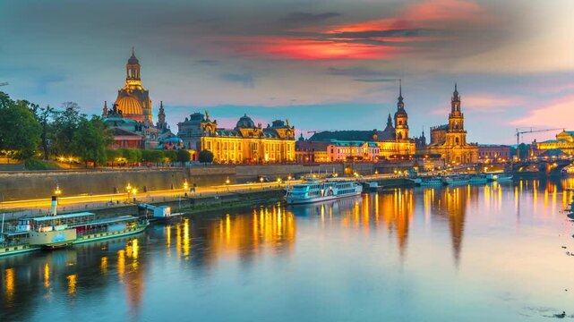 Dresden Germany city skyline time lapse from day to night old town view dresden bridge and river.