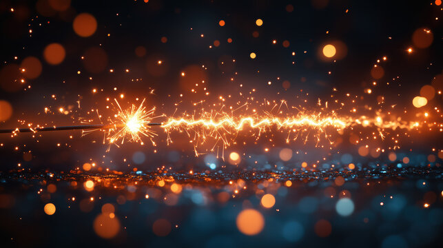 A bright flare bengal light forming a zigzag pattern across the image like a magic spell from a wand, surrounded by warm bokeh lights and vibrant sparks, magical background idea, amazing