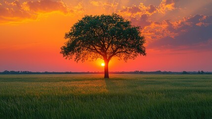 Obraz premium A solitary tree at sunset in a vast field.