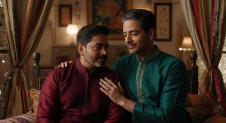 Intimate connection between two south asian men in traditional attire in elegant setting