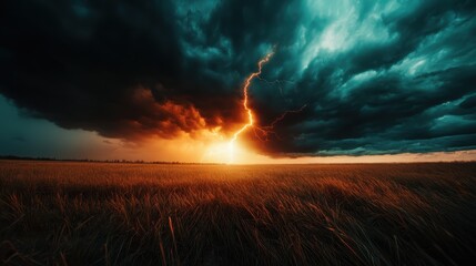 An intense lightning bolt cuts through a fiery sky at sunset above a vast wheat field, capturing the raw power and beauty of nature under a dramatic cloudscape.