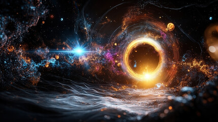 mesmerizing cosmic scene featuring glowing black hole surrounded by vibrant stars and planets, evoking sense of wonder and exploration