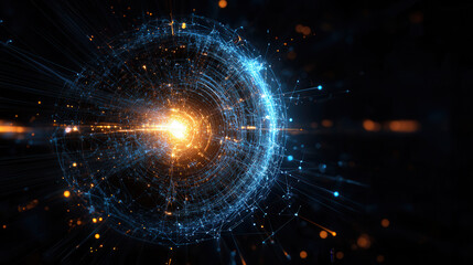 Fototapeta premium glowing abstract sphere with interconnected lines and particles radiates energy. vibrant colors create dynamic and futuristic atmosphere
