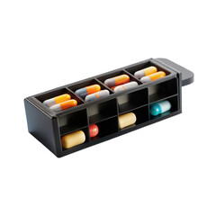 A modern pill organizer designed for daily medication, featuring several compartments filled with colorful capsules and tablets.