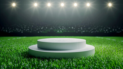 Soccer Podium on Green Grass Field with a Soccer Background