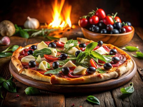 Night Pizza Photography: Delicious Mozzarella, Olives, Artichoke & Prosciutto Pizza