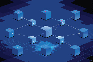Create a vector illustration depicting a secure blockchain transaction, showcasing encrypted data blocks linked by cryptographic chains.