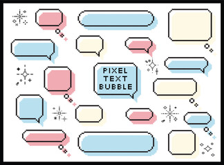 Cute pixel text speech bubble isolated pastel with frame elements illustration set. Speech talking thinking box. Dialogue cloud. 8 bit. For game development, mobile app, graphic, social media