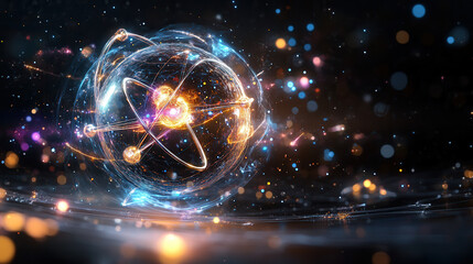 Obraz premium abstract representation of atom with glowing particles and light effects, creating sense of energy and motion