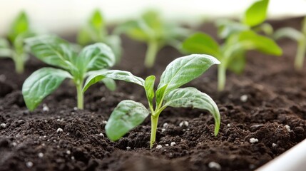 Vibrant green seedlings emerge from dark, fertile soil, soaking up gentle sunlight for healthy growth in a garden setting