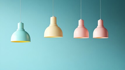 Obraz premium A set of stylish pendant lamps in bright and pastel tones, hanging elegantly against a teal wall for a modern interior look