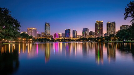 Naklejka premium A city skyline at dusk, with the last rays of evening light illuminating tall buildings and reflecting off the water.