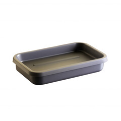 A modern grey plastic tray with a smooth finish, suitable for serving food or organizing items. Its sleek design makes it a practical addition to any kitchen.