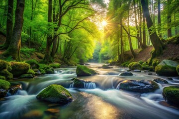 Fototapeta premium Panoramic River Stream Forest Photography: Lush Green Nature, Flowing Water, Scenic Landscape, Tranquil Scene, Wildlife Habitat