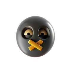 Fototapeta premium A 3D black emoji featuring closed eyes and a mute gesture with yellow bars covering its mouth, symbolizing silence or secrecy.