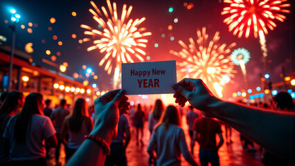 Happy New Year: Celebrating the New Year party, there are colorful fireworks in the evening, there are "happy New Year" words. Welcome the joy and excitement of the New Year in style.