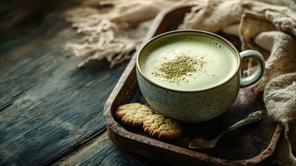 A hot cup of matcha latte with smooth, frothy milk, placed on a rustic tray with a teaspoon and a side of cookies