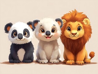 Cute cartoon animal characters, pandas, lions, and koalas, kawaii style, adorable and sweet, 2k 