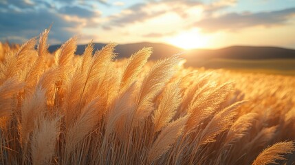A picturesque view of golden grass swaying gently in the breeze, illuminated by a stunning sunset, creating a serene and tranquil atmosphere.
