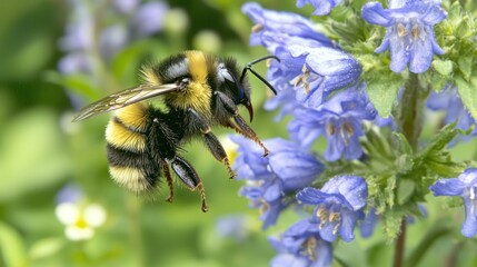 A close-up of a bee hovering over a blooming flower, showcasing the important role of pollinators in maintaining ecosystem balance.
