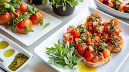 Delicious Bruschetta Topped with Fresh Tomatoes and Basil on a White Plate
