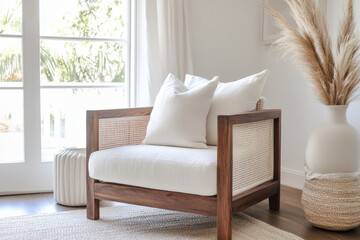 Brown and White Assent Chair, White House Interior styling brown white chair living room, Coastal Modern Living Room Styling Statement Chair, White Linen Palm Tree Cushion Coastal Lounge Chair 