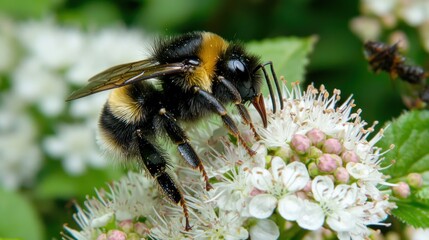 A close-up of a bee pollinating flowers in a garden, with other insects and plants thriving around it."