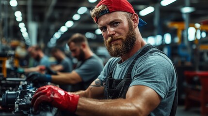 A rugged man in a cap and gloves operates machinery confidently, reflecting experience and strength within an industrial workshop setting filled with mechanics.