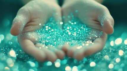 Delicate hands cradle sparkling magic dust, illuminating the surroundings with a soft, enchanting glow that captures the imagination