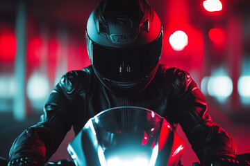 close-up biker in a helmet and leather protective equipment sits on a motorcycle, a sporty fast motorcycle realistic photo 