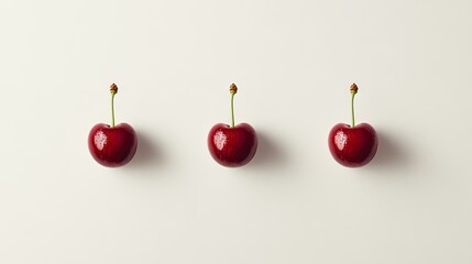 A line of three red cherries placed side by side on a clean white background, showcasing their vibrant hues