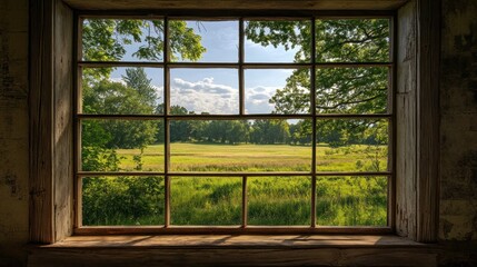 Naklejka premium Rustic window view of summer meadow.