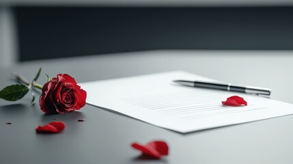 Red Rose, Letter, Pen: Love Note Stock Photo