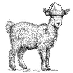 Vintage engraving isolated goat set dressed christmas illustration ink santa costume sketch. Farm animal background ram silhouette sheep new year hat art. Black and white hand drawn image