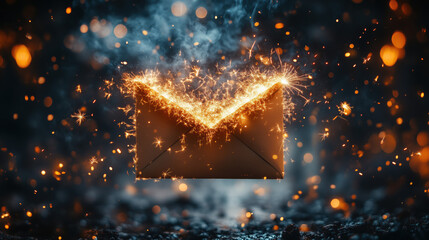 An envelope partially opened, revealing mysterious interior, floating on dark background with flashes of light. The envelope radiates light from within, magical moment for its opening, good news hope