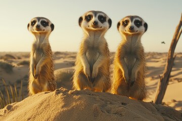 Fototapeta premium Three meerkats stand alert on a sand dune at sunset, showcasing their adorable features and desert habitat.