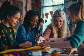 Group of women of various ages working together on a craft project. Community, creativity, shared activity concept.