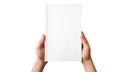 Hand holding blank book & hard cover mockup Isolated on transparent background, clippig path