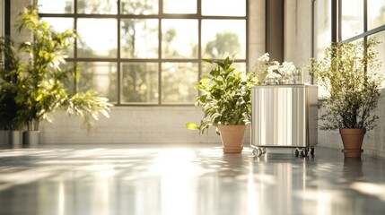 A sunlit room adorned with various green plants and a shiny metal bar cart, creating a bright and lively atmosphere, perfect for relaxation or gatherings.