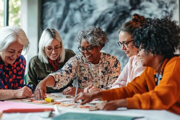 Group of women of various ages working together on a craft project. Community, creativity, shared activity concept.